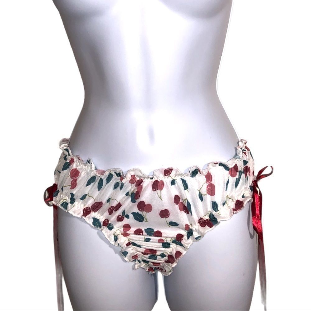 Cute white panties with cherry design and side tie